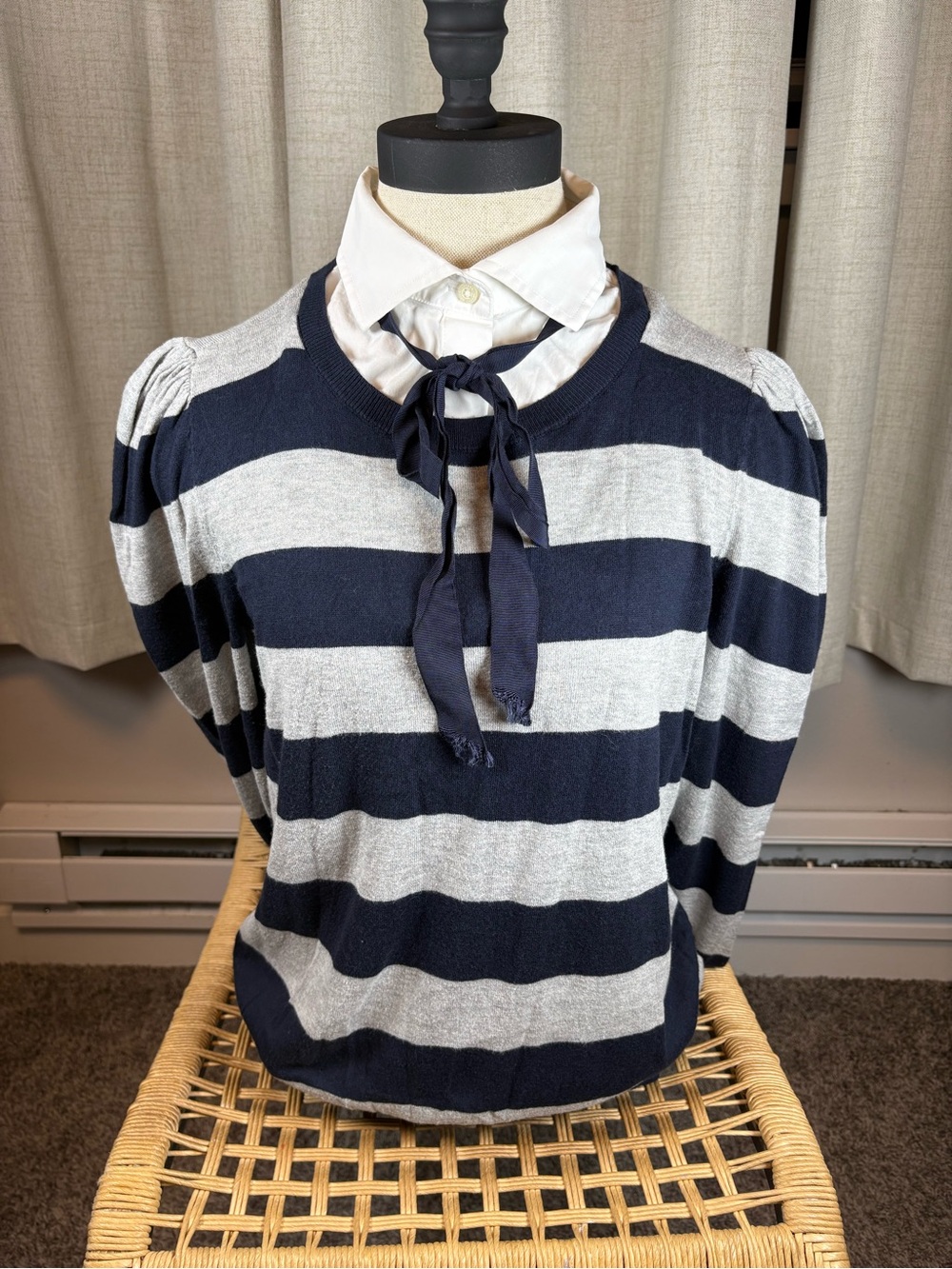 Ralph Lauren Navy and Gray Striped Tie-Neck long sleeve